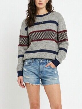Vintage Retro Striped Geometric Speckled Wool Blend Crewneck Sweater In Gray